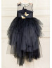 Black Asymmetrical Tulle Gold Butterflies Flower Girl Dress